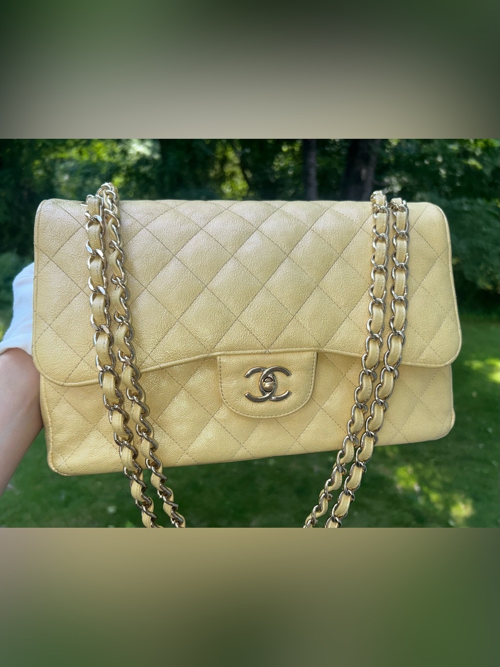 CHANEL 19S Jumbo Double Flap Quilted Caviar Handbag Iridescent Yellow / LGHW